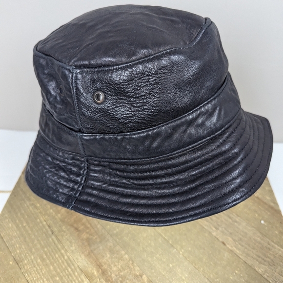 Vintage black leather bucket hat size 23.5  90s - Picture 3 of 9